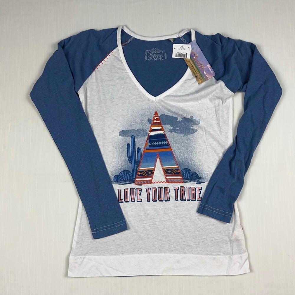 Panhandle Slim Love Your Tribe Graphic Raglan Tee Blue White Womens Medium NWT